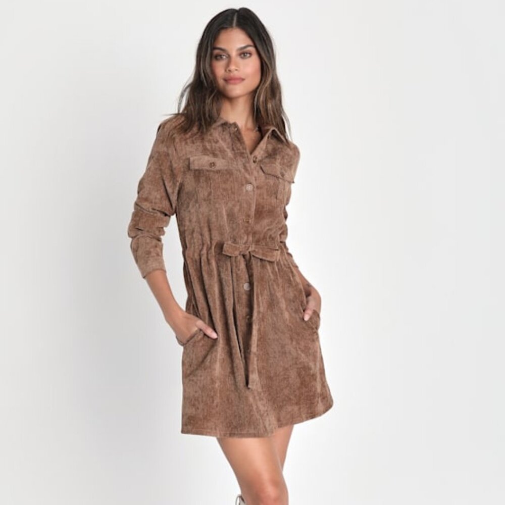 Lulus Simple Affection Brown Corduroy Mini Dress With Pockets - Size S